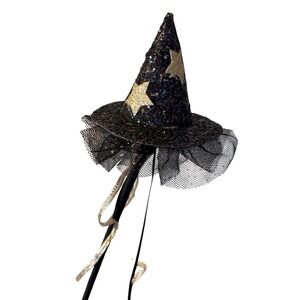 Pink Poppy Witch Hat Wand Black Glitter Stars Tulle Ribbon Halloween Costume NEW